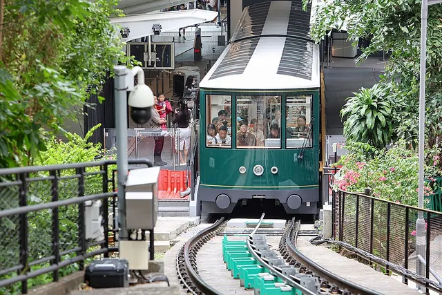 A Peak Tram car at the lower terminus, 2025