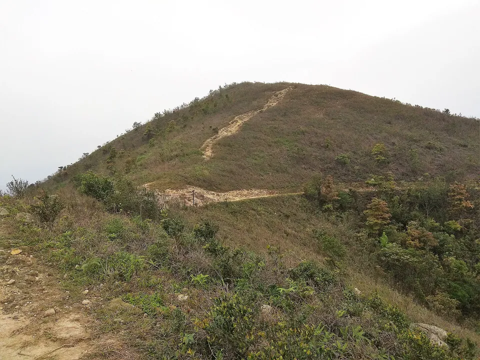 A grassy hill with a worn footpath running up its side.