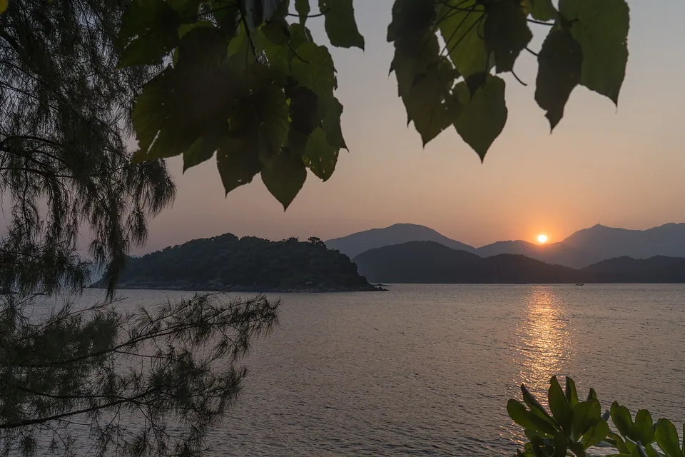 The sun setting behind hills across calm water, framed by leaves.
