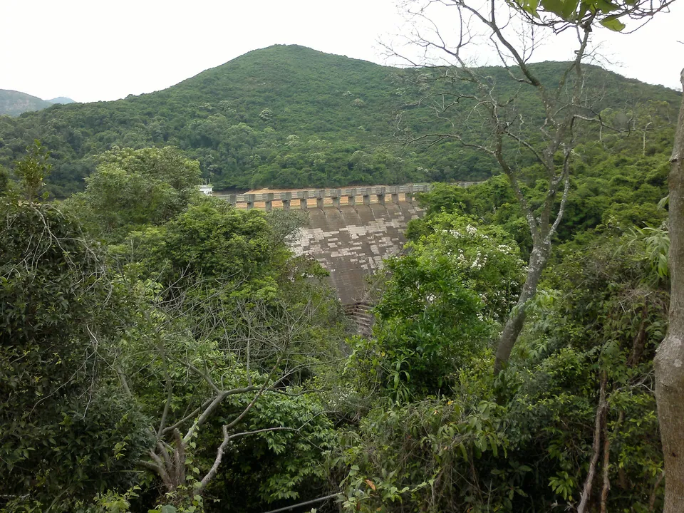 A tall stone dam glimpsed between trees, with a green hill behind.