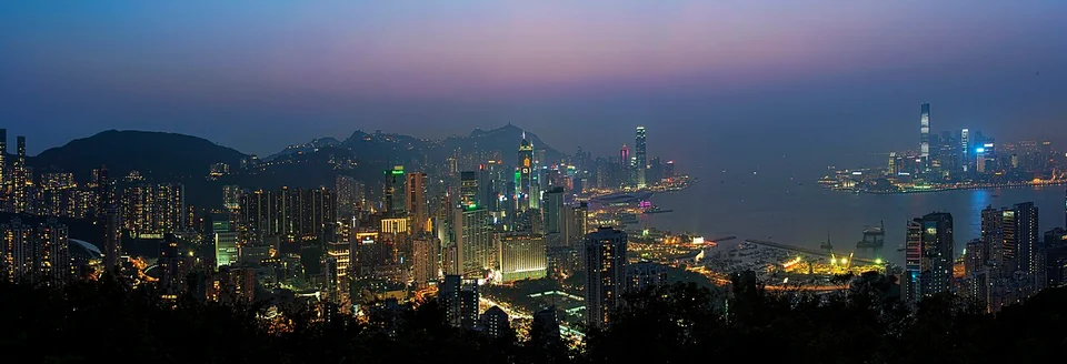 Twilight panorama of Hong Kong Island and Victoria Harbour from Braemar Hill.